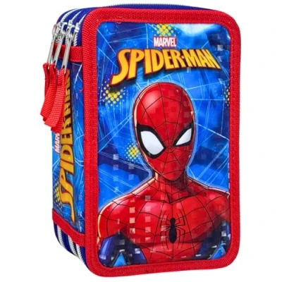 Afbeelding van Clondo Pennenetui 3D 3 vakken voor kinderen, drievoudig gevuld, 44 accessoires de basisschool, ritssluitingen, 20 cm, liniaal, kleurpotloden, viltstiften, spiderman25 b, pennenhouder