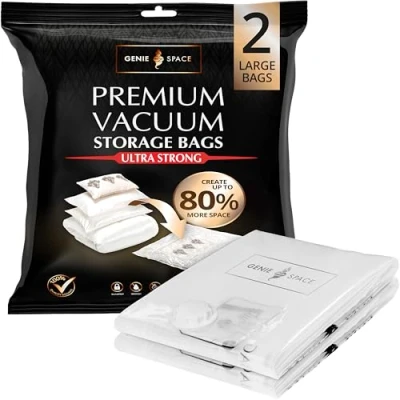 Afbeelding van GENIE SPACE Zeer Sterke Premium Ruimtebesparende Vacuum Zakken 2 x LARGE (80x60cm) Luchtdicht &amp; Herbruikbaar 80% meer ruimte voor Kleding, Handdoeken, Beddengoed, Dekbedden
