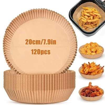 Afbeelding van OTraki Bakpapier voor heteluchtfriteuse, rond, 20 cm, 120 stuks, bakpapier, airfryer, waterdicht, oliebestendig, anti aanbak, wegwerpschalen, luchtfriteuse, perkamentpapier braadpan, oven,