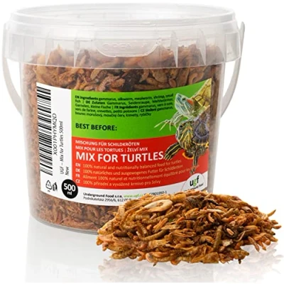 Afbeelding van UGF Universal Turtle Food Mix, 500 milliliter emmer ≈ 90g, uitgebalanceerd schildpaddenvoer, gammarus, zijderupsen, meelwormen, garnalen en gedroogde vis, schildpaddenvoer