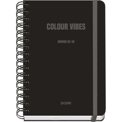 Afbeelding van Dohe Schoolagenda 2025 2026 Weekoverzicht, Formaat A5 (15x21 cm), Spaans en Engels, Dubbele Spiraalbinding Elastieksluiting, Harde Kaft, 4 Stickervellen COLOUR VIBES Zwart