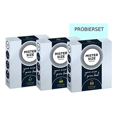 Afbeelding van MISTER SIZE Pure Feel: Feelgood Condooms Gevoelsechte Anticonceptie 100% Natuurlijk Rubberlatex in set voor proberen, 47 49 53 mm jeweil een Verpakking van 3 Stuks (3x3)
