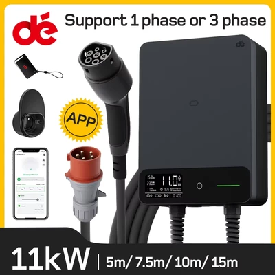 Afbeelding van depow Laadpaal 11kW 16A 3 fase , Wallbox met APP 7,5 meter Type 2 vaste kabel, EV laadstation Aardlekschakelaar B en IP54 Bescherming, voor BEV/PHEV, Zwart