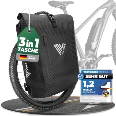 Afbeelding van Mivelo 3 in 1 fietstas rugzak schoudertas, waterdicht, met laptopvak en slot, voor fietsbagagedrager, stuk, koolstofzwart, 20 liter