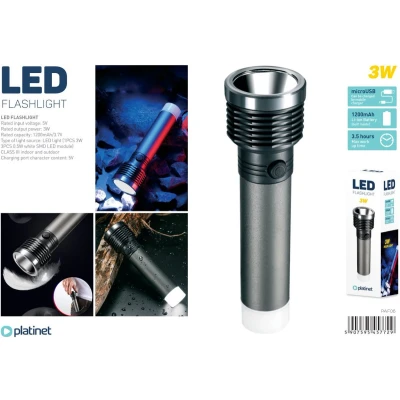 Afbeelding van Platinet PAF06 Lichtgewicht LED Aluminium Zaklamp 3W Waterbestendig Twee Lampen 3.5 uur Batterij Grijs