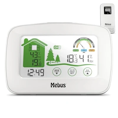 Afbeelding van MEBUS funkgesteuerte Wetterstation mit Außensensor, Thermometer/Hygrometer (innen/außen), Wohlfühlindikator bewertet Raumklima, Min /Max Funktion, Beleuchtung, Wecker, Farbe: Weiß, Modell: 40903