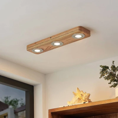 Afbeelding van Lindby plafondlamp hout 3lichts Eikenhout, ABS, polycarbonaat H: 3.7 cm licht hout, satijn nikkel Inclusief lichtbronnen