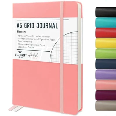 Afbeelding van STATIONERY ISLAND A5 vierkant notitieboek, grafiekpapier notitieboek met 120 g/m² premium dik papier, 180 pagina&#039;s harde kaft voor planning, dagboek, dagboek