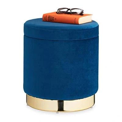Afbeelding van Relaxdays velvet poef met opbergruimte, rond, elegante hocker, modern, fluweel, zitkruk, H x D: 41.5 37 cm, blauw/goud