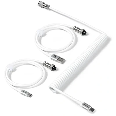 Afbeelding van MAMBASNAKE C04 Opgerolde USB C Kabel voor Mechanische Toetsenborden, Custom 2 In 1 Aviator Cable A to Type En C, Charging met 5 Pins Metal Pilotenconnector Wit