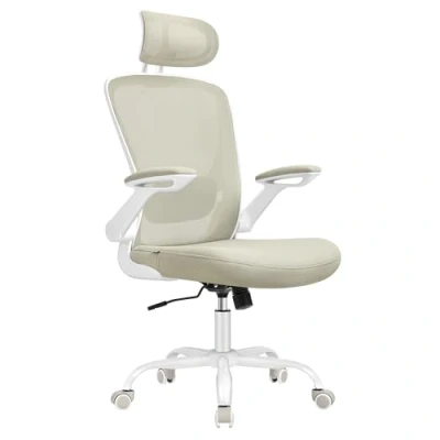 Afbeelding van SONGMICS ergonomische bureaustoel, draaistoel met gaas, gevoerde lendensteun, wipfunctie, zitting 53 cm, opklapbare armleuningen, hoofdsteun, cappuccino beige OBN047K01