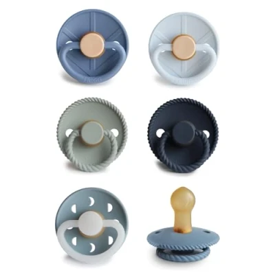 Afbeelding van FRIGG Multipack Fopspeen van latex, verpakking met 6 fopspenen, natuurlijk rubber, gemaakt in Denemarken, symmetrische speen kersenvorm, Endless Sea, maat 1, 0 maanden