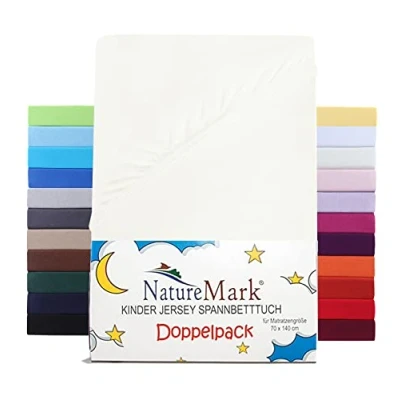 Afbeelding van NatureMark Set van 2 hoeslakens voor kinderen, jersey, 100% katoen, babybed en kinderbed, 70 x 140 cm, natuurwit
