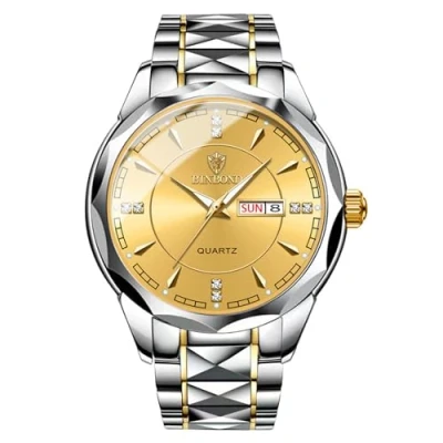 Afbeelding van JewelryWe Zakelijke Analoge Quartz Horloges: Mannen Vrouwen Jurk Waterdicht Lichtgevende Datum Kalender Dial Rvs Luxe Multifunctionele Paar Polshorloge, M zilvergoud, Adult