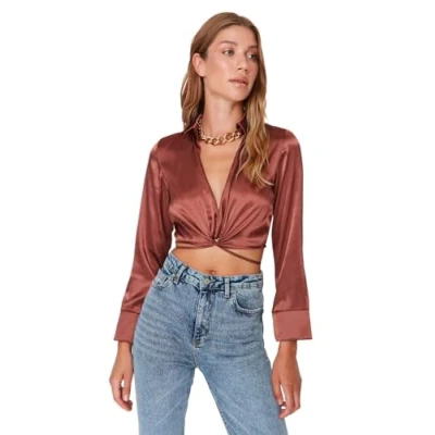 Afbeelding van Trendyol Bruine Satijnen Geweven Blouse Met Strikdetail Twoaw23Bz00466