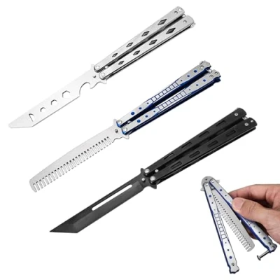 Afbeelding van Butterfly Trainer 3 stuks: Vlindermes om te oefenen, ongeslepen lemmet, oefenkam, roestvrij staal, voor trainingsmessen, beginners, flippende trucs (zilver + zwart blauw)