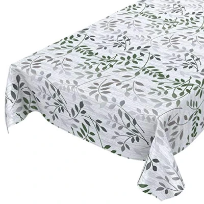 Afbeelding van ANRO Afwasbaar tuintafelkleed, tafelzeil, rond, ovaal, rechthoekig, voor binnen en buiten, bladeren, zilver/groen, 100 x 140 cm