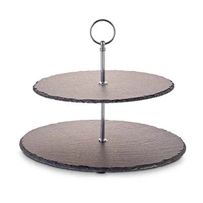 Afbeelding van Echtwerk etagère/serveerplank voor gebak, fruit, kaas en dessert van natuurlijke leisteen, met 2 niveaus metalen handvat, Gold Edition, Ø leisteenplaten ca. 25/30 cm