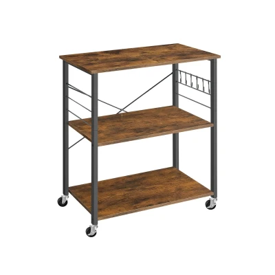 Afbeelding van Rootz Kitchen Shelf 3 Tier Cart Rolling Vintage Bruin Zwart Spaanplaat Staal 40cm x 80cm 89cm