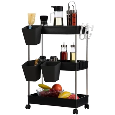 Afbeelding van DOEWORKS Storage Trolley Cart, 3 Tier Cart with Wheels Rolling Utility Hanging Cups Multi Purpose Shelf Rack for Kitchen Bathroom Bedroom Office, Black