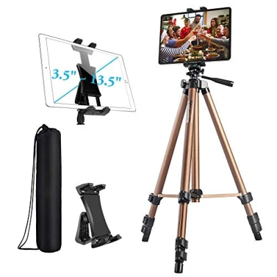 Afbeelding van Atoptek iPad Statief Telefoon Tablet Mount Houder 51 inch Verstelbaar Aluminium voor Pro 12.9 11 10.5, Air Mini, Surface Galaxy Tab 3.5 tot 13.5 Champagne