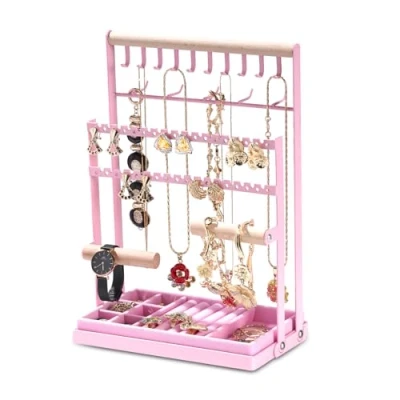 Afbeelding van Sieradenstandaard, sieradenhouder, kettinghouder van hout en metaal, sieradenkettingorganizer, standaard met uitneembare opbergbasis, voor halskettingen, armbanden, oorbellen, ringen, cadeau idee,