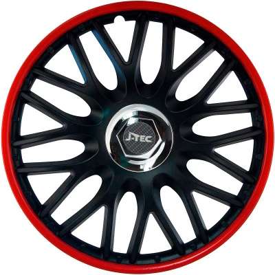 Afbeelding van J Tec 4 Delige Wieldoppenset Orden R 15 inch zwart/rood + chroom ring