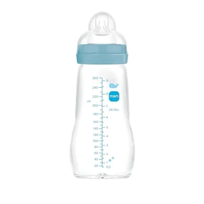 Afbeelding van MAM Feel Good Glazen fles, 2 4 maanden, 260 ml, met zuignap gemiddelde doorstroming van siliconen, gemakkelijk te reinigen, blauw, 1 stuks