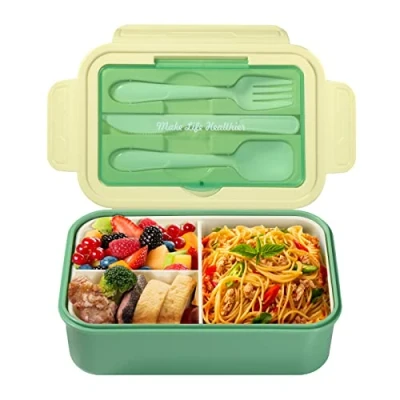 Afbeelding van Diboniur lunchbox, voor kinderen, volwassenen, Bento Box, 1400 ml, met 3 vakken, waterdicht, lunchbox bestek, geschikt magnetron, vaatwasser, school, picknick, werk (groen)