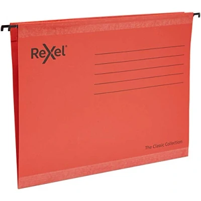 Afbeelding van Rexel Klassieke A4 versterkte ophangvijlen voor archiefkasten, 15 mm V basis, 100 procent gerecycleerde kaart, rood, 25 stuks 2115589