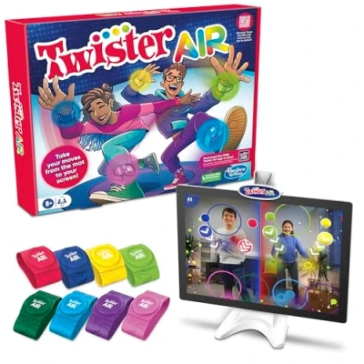 Afbeelding van Hasbro Gaming Twister Air Party Game bevat 4 polsbanden, enkelbanden, apparaatstandaard met clip, basis en paal, spelregels voor kinderen vanaf 8 jaar