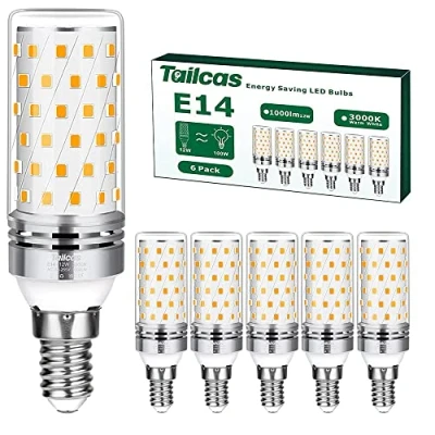 Afbeelding van Tailcas E14 Warm witte ledlamp, 3000 K, 1000 lm, 12 W, lamp, vervanging voor 100 W gloeilamp, niet dimbaar, flikkert niet, spaarlamp, AC 220 240 V, kleine Edison schroef, kaarslamp (6 stuks)