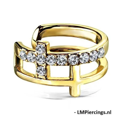 Afbeelding van Fake piercing double cross CZ paved gold plated