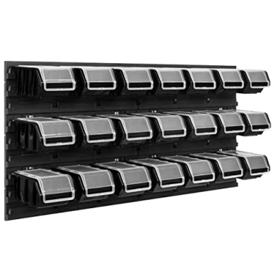 Afbeelding van SimpleThing Opbergsysteem werkplaatsrek 78 x 39 cm 21 stuks. Doos Wandplank met stapeldozen Wandplaten Extra sterk kieprek Werkplank Garagerek