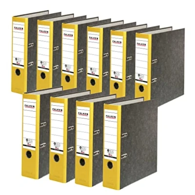 Afbeelding van FALKEN 10 stuks Recycling Ordners Wolkenmarmer. Gemaakt in Duitsland. 8 cm breed DIN A4 geel rug ringband map briefomslag kantoormap kartonnen CO2 neutraal Blauwe Engel