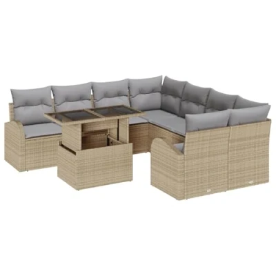 Afbeelding van vidaXL 9 delige Tuin Sofa Set met Kussens Beige Poly Rattan, 2 zits Opslag &amp; Rattan
