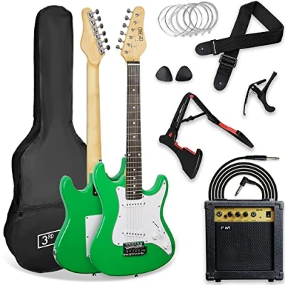 Afbeelding van 3rd Avenue XF 3/4 formaat elektrische gitaar, ultieme kit met 10W versterker, kabel, statief, gigbag, gitaarband, reservesnaren, plectrums, capo groente