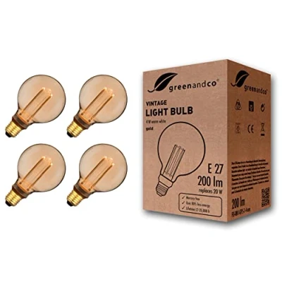 Afbeelding van 4x greenandco® Vintage Design LED lamp in retro stijl voor sfeerverlichting E27 G95 Edison lamp, 4W 200lm 1800K extra warm wit 320 230V flikkervrij, niet dimbaar