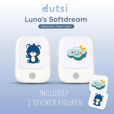 Afbeelding van Dutsi Kinder Nachtlampje Softdream Luna Met Automatische Lichtsensor &amp; Stickers voor Babykamer 2 Pack