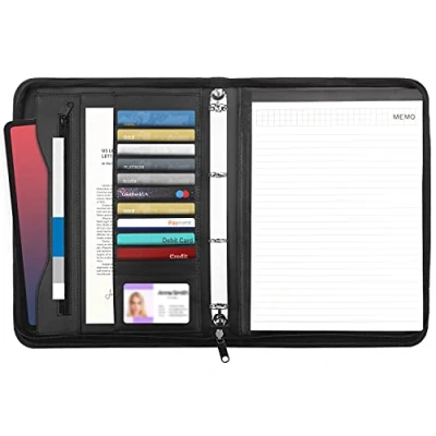 Afbeelding van Kurtzy Zwart Faux Lederen Geritste A4 Zaken Portfolie Map Professionele Conferentie Padfolio Organizer Ring Binder Map, CV en Documenten Zak, Schrijfblok, Kaarthouder &amp; Tablet Hoes