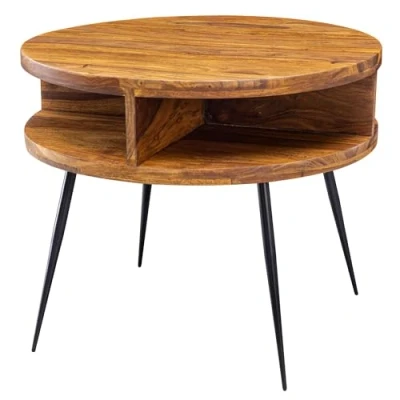 Afbeelding van FineBuy Koffietafel Massief Sheesham Hout en Metaal 60 x 50 cm Salontafel Bruin Ronde Tafel Woonkamer Moderne Houten Bijzettafel Rond