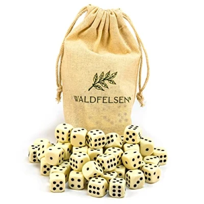 Afbeelding van Waldfelsen® 50 stuks 6,12, 20, 30 of hoogwaardige acrylkubussen van 16 mm in de vorm speelkubussen Dice 6 zijden met stoffen zak (ivoor, stuks)