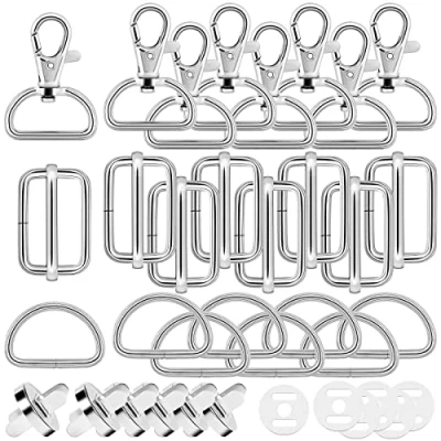 Afbeelding van Draaibare karabijnhaken, 30 stuks, sleutelhangers, D ringen, triglide schuifgesp, magnetische knopen, zaksluiting, metaal, halfronde gespen, hardware, gesp voor rugzak, doe het zelf accessoires (zilver)