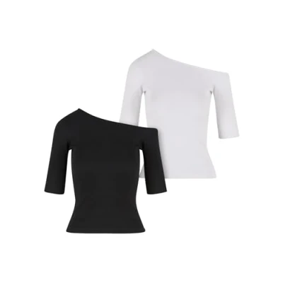 Afbeelding van Urban Classics Dames T shirt voor dames, organic Asymmetric Rib Tee, 2 pack, asymmetrisch damestop van biologisch katoen, slim fit, maten XS 5XL, zwart + wit, 4XL