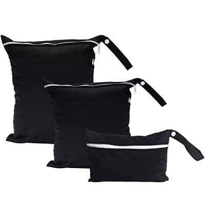 Afbeelding van PFLYPF Zwarte luiertas, 3 delig, luiertas met dubbele ritszak, waterdichte droog en vochtig, herbruikbaar, geschikt voor reizen, zwemmen, fitnessstudio, baby enz., Zwart, strandtas