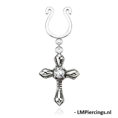 Afbeelding van Fake tepelpiercing Cross Dangle with Small CZ Clip On