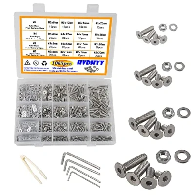 Afbeelding van HVDHYY 1065 stuks M2 M3 M4 M5 inbusbouten met binnenzeskant draaibare kop schroeven set A2 70 roestvrij stalen zeskantschroeven machineschroeven, moeren, sluitringen assortiment kit opbergdoos