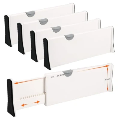 Afbeelding van ladeverdeler, organizer, verstelbare voor binnenlengte 28,1 44,4 cm en hoogte &gt; 10 cm, opbergsysteem keuken, kledingkasten, bureau, wit, set van 4 stuks