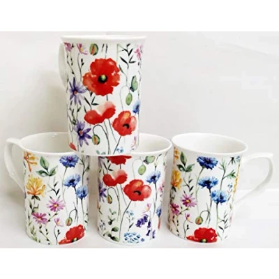 Afbeelding van Wildflowers Weide Mokken Set van 4 Fine Bone China Multi Colour Bloemen Cups Hand Versierd UK