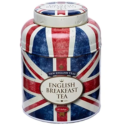 Afbeelding van New English Teas Union Jack Round Tea Caddy Met 80 Engelse Ontbijt Theezakjes